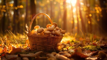 Poster - Mushrooms in a Basket in the Forest