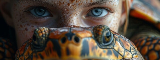 Sticker -  A tight shot of a child's face adorned with a painted turtle visage