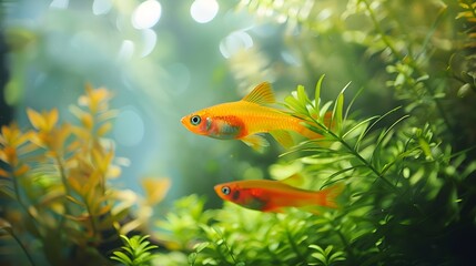 Sticker - Serene Platy Fish Community in Well Balanced Aquarium with Lush Vegetation and Crystal Clear Water