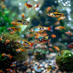 Wall Mural - Vibrant Guppy Colony in Crystal Clear Aquarium with Rich Greenery and Pebbles