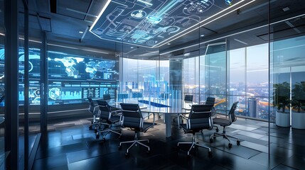 Wall Mural - A high-tech conference room where holographic displays and smart assistants facilitate highly efficient and productive meetings