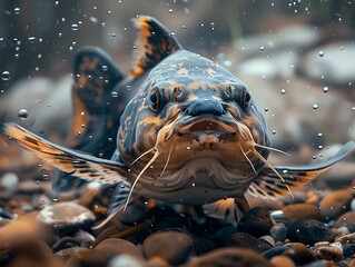 Canvas Print - Catfish Scavenging the Riverbed with Intricate Textures and Natural Colors