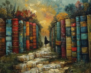 Wall Mural - Create a surrealistic painting of a person walking through a forest where the trees are made of books, each one containing a different dream or memory.