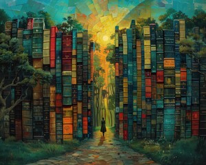 Wall Mural - Create a surrealistic painting of a person walking through a forest where the trees are made of books, each one containing a different dream or memory.