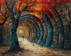 Wall Mural - Create a surrealistic painting of a person walking through a forest where the trees are made of books, each one containing a different dream or memory.