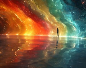 Wall Mural - Create a surrealistic painting of a person standing on a beach, with waves made of colorful light representing the flow of thoughts and dreams.