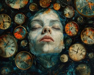 Wall Mural - Create a surrealistic painting of a figure surrounded by clocks, each one showing a different time and reality within their dreams.