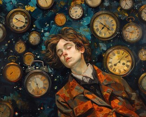 Wall Mural - Create a surrealistic painting of a figure surrounded by clocks, each one showing a different time and reality within their dreams.