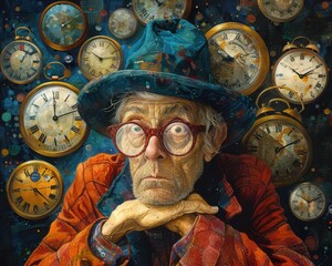 Wall Mural - Create a surrealistic painting of a figure surrounded by clocks, each one showing a different time and reality within their dreams.