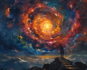 Wall Mural - Create a surrealistic painting of a person climbing a staircase that spirals into the sky, with each step representing a different dream or thought.