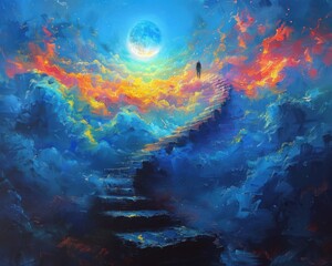 Wall Mural - Create a surrealistic painting of a person climbing a staircase that spirals into the sky, with each step representing a different dream or thought.