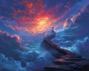 Wall Mural - Create a surrealistic painting of a person climbing a staircase that spirals into the sky, with each step representing a different dream or thought.