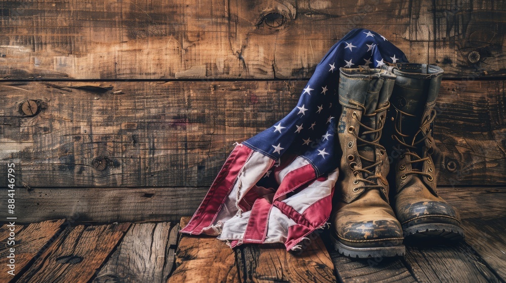 Pair of military boots placed neatly next to a folded American flag on ...