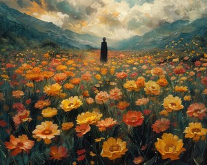 Wall Mural - Create a surrealistic painting of a person standing in a field of giant flowers, with each petal showing a different dream or memory.