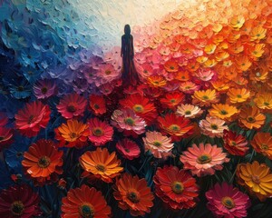 Wall Mural - Create a surrealistic painting of a person standing in a field of giant flowers, with each petal showing a different dream or memory.