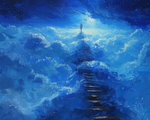Wall Mural - Create a surrealistic painting of a person climbing a ladder that stretches into the clouds, with each rung representing a step towards their goal.