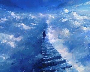 Wall Mural - Create a surrealistic painting of a person climbing a ladder that stretches into the clouds, with each rung representing a step towards their goal.