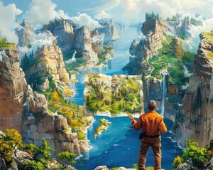 Wall Mural - Create a surrealistic painting of a person holding a map with floating islands, each island representing a milestone in their journey towards their goal.
