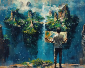 Wall Mural - Create a surrealistic painting of a person holding a map with floating islands, each island representing a milestone in their journey towards their goal.