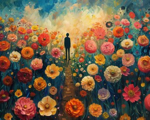 Wall Mural - Create a surrealistic painting of a person standing in a field of flowers, with each flower blooming into a different goal or aspiration.