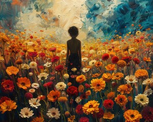 Wall Mural - Create a surrealistic painting of a person standing in a field of flowers, with each flower blooming into a different goal or aspiration.