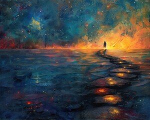 Wall Mural - Create a surrealistic painting of a person walking on a path of glowing stones, each stone representing a small victory leading to their ultimate goal.