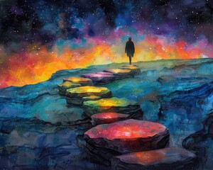 Wall Mural - Create a surrealistic painting of a person walking on a path of glowing stones, each stone representing a small victory leading to their ultimate goal.