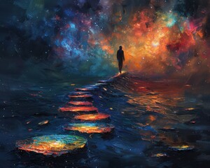 Wall Mural - Create a surrealistic painting of a person walking on a path of glowing stones, each stone representing a small victory leading to their ultimate goal.