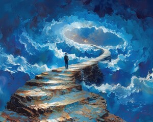 Wall Mural - Create a surrealistic painting of a person walking up a spiral staircase that reaches into the sky, each step representing progress towards their goal.