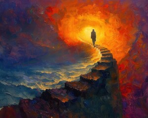 Wall Mural - Create a surrealistic painting of a person walking up a spiral staircase that reaches into the sky, each step representing progress towards their goal.