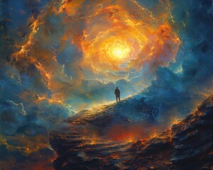Wall Mural - Create a surrealistic painting of a person walking up a spiral staircase that reaches into the sky, each step representing progress towards their goal.