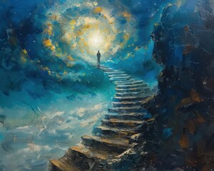 Wall Mural - Create a surrealistic painting of a person walking up a spiral staircase that reaches into the sky, each step representing progress towards their goal.