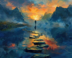 Wall Mural - create a surrealistic painting of a person standing at the edge of a river, with stepping stones lea