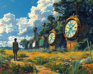Wall Mural - Create a surrealistic painting of a person standing in a field of giant clocks, each clock representing a different goal or aspiration.
