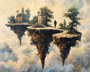 Wall Mural - Create a surrealistic painting of a person walking through a landscape of floating islands, each island representing a step towards their goal.