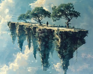 Wall Mural - Create a surrealistic painting of a person walking through a landscape of floating islands, each island representing a step towards their goal.