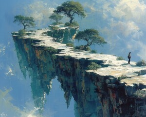 Wall Mural - Create a surrealistic painting of a person walking through a landscape of floating islands, each island representing a step towards their goal.