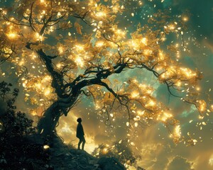 Wall Mural - Create a surrealistic painting of a person climbing a tree with glowing leaves, each leaf representing a different aspiration.