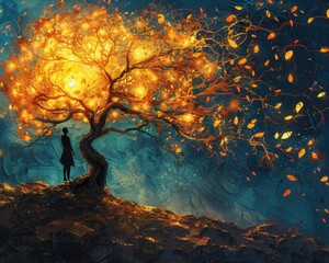Wall Mural - Create a surrealistic painting of a person climbing a tree with glowing leaves, each leaf representing a different aspiration.
