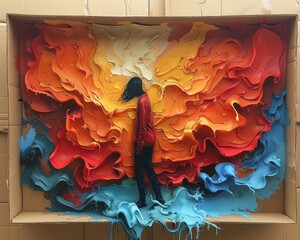 Wall Mural - Create a surrealistic painting of a person stepping out of a giant cardboard box, with colorful, abstract shapes and ideas spilling out around them.