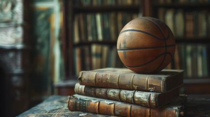 Wall Mural - A stack of books with a basketball and a football on top