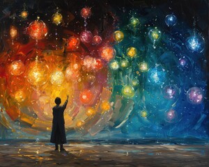 Wall Mural - Create a surrealistic painting of a person juggling glowing orbs, each orb representing a different innovative idea.