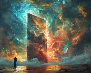 Wall Mural - Create a surrealistic painting of a person standing in front of a giant door that opens to reveal a vast, colorful universe of ideas.