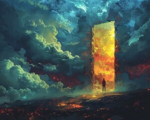 Wall Mural - Create a surrealistic painting of a person using a giant key to unlock a door in the sky, leading to a realm of endless ideas.