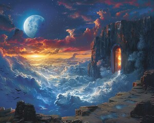 Wall Mural - Create a surrealistic painting of a person using a giant key to unlock a door in the sky, leading to a realm of endless ideas.