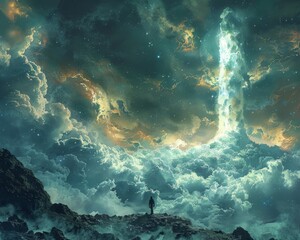 Wall Mural - Create a surrealistic painting of a person using a giant key to unlock a door in the sky, leading to a realm of endless ideas.
