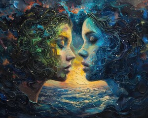 Wall Mural - create a surrealistic painting of a couple looking into each other's eyes, with their surroundings t