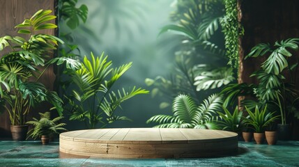 Naklejka na meble Wooden podium in lush jungle setting with exotic green plants and foliage