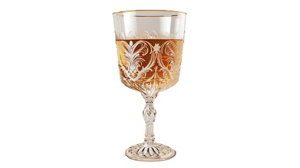 Elegant vintage wine glass with intricate floral design and amber-colored liquid, isolated on a white background.