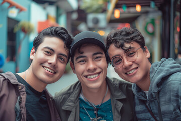 Wall Mural - colombian three young men smiling and posing outside on a street, in the style of pop colorism, grey academia, cinematic photography, cinematic tones, cinematic color grading --ar 3:2 --style raw
